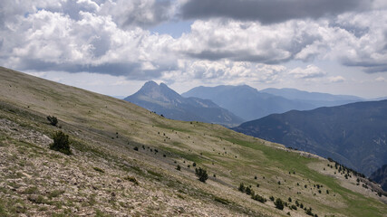 Pedraforca west face seen from the Serra de Cadí range, near the Torreta de Cadí summit (Alt Urgell, Catalonia, Spain, Pyrenees)