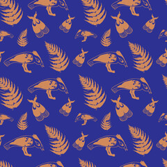 Silhouettes of insect birds and fern leaves are collected in ethnic seamless patterns. Design for fabric and textile drapery.