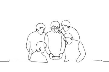 company of young people looks into the phone of the phone sitting in the center of a man - one line drawing. Concept of obsession with social networks, millennials and generation Z, technologies