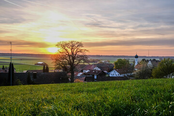 Sunset view over the countryside of Bavaria, Germany