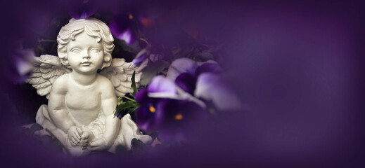 Fototapeta premium Condolence card with an angel on floral background, copy space