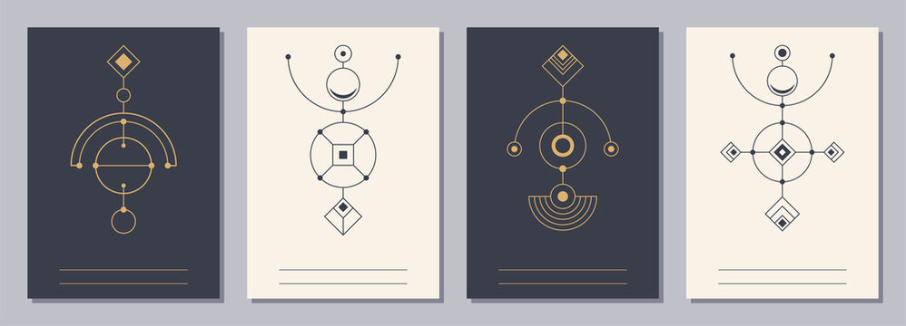 Set of flyers, posters, placards, brochure design templates A6 size with geometric icons. Symbols of magic, alchemy, spirituality, occultism. Vertical blanks with sacral geometric signs.