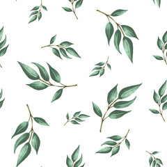 Seamless pattern with green leaves, vector illustration in vintage watercolor style.