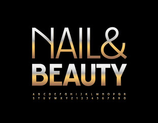 Vector glamour logo Nail and Beauty. Metallic Gold Font. Elegant Alphabet Letters and Numbers set