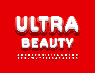 Vector bright emblem Ultra Beauty. Red and White modern Font. Stylish Alphabet Letters and Numbers set