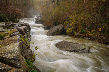 The river Gurn in the picnic area of Els Pins, after heavy rains (Vall d'en Bas, Garrotxa, Catalonia, Spain, Pyrenees)