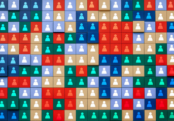 Abstract image. Large number of colored cubes with white icons of people. Concept of business, analytics, social networks around the world