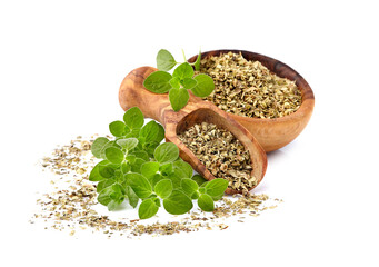 Oregano or marjoram leaves isolated on white background. Oregano fresh and dry.
