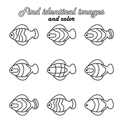 Find the same pictures-educational game for children. Set with silhouettes of simple fish with a pattern .