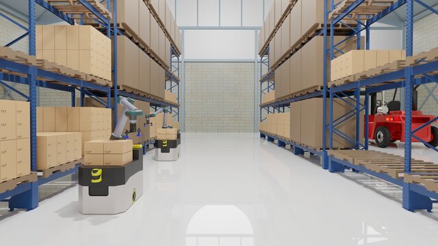 The AGV (Automated guided vehicle) with industrial robot are carrying cartons in smart factory. 3D illustration