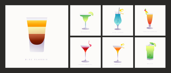 Collection of popular cocktails for the menu. Holidays club party summer cocktails mixed glasses.
