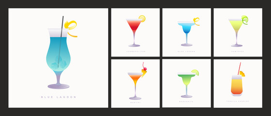 Collection of popular cocktails for the menu. Holidays club party summer cocktails mixed glasses.