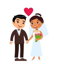 Multiracial husband and wife. International marriage concept. International marriage concept. Dark skin bride and Asian groom are cartoon characters.