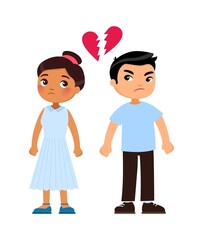 Divorce concept. Multiracial husband and wife. Dark skin wife and Asian husband quarreling - cartoon characters.