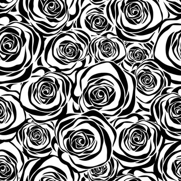 Vector black and white seamless pattern with roses silhouettes.