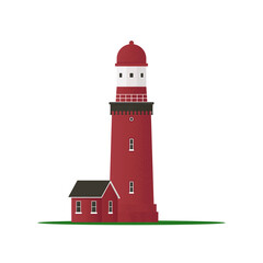 Lighthouse, Small old building, isolated on white background. Vector Beacon in flat style