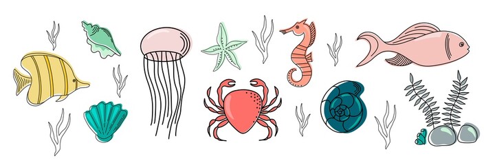 Colorful vector hand drawn doodle cartoon set of marine life theme elements. Symbols of sea animals