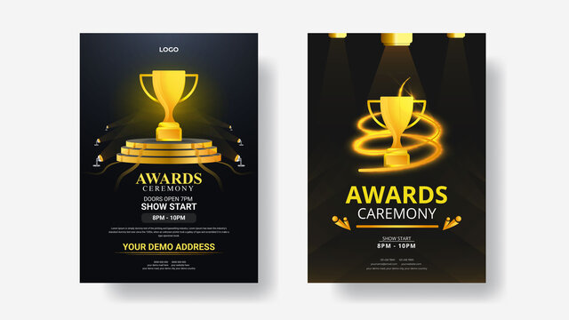 Golden award sign with modern glowing background, award ceremony flyer poster design