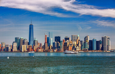 Fototapeta na wymiar Ferries Passing Lower Manhattan, New York