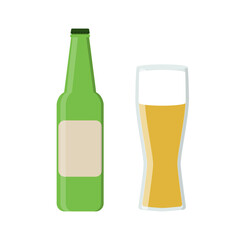 Beer bottle and glass. Beer and pub, bar symbol. Flat design. Isolated vector illustration.