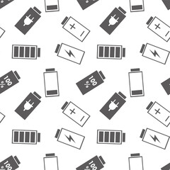 Seamless pattern with different battery pictograms. Part of the mobile interface, charge icon. Empty and full battery. Monochrome texture, decor element.