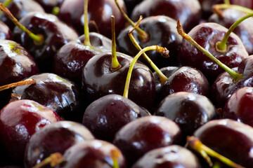 Fotografia macro de cerezas con su tallos