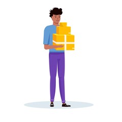 Courier holding in hand parcel, pack, box  for online delivery service concept. Vector illstration for delivery service, carton packages with food.