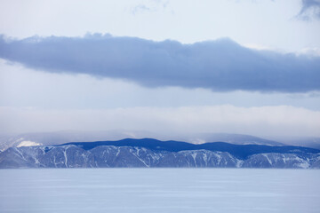 Baikal lake winter landscape. Snowy mountains