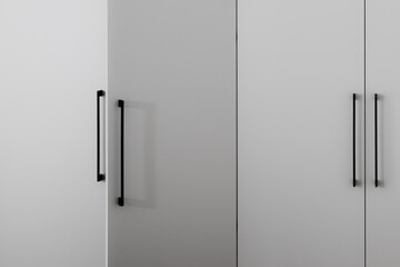 Grey facade of a Scandinavian-style closet with black metal handles and one door half opened in...