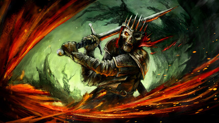 The skeleton king with a huge sword in a dangerous pose. he is dressed in a leather cape and mail armor. on it a sharp crown of thorns. sparks fly and tree branches stick out. 2D illustration © Николай Акатов