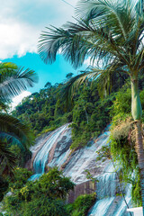 Tropical Island Waterfall Rapids Water Nature Paradise Summer Adventure Travel Tourism Green Blue Trees Landscape Leaves Mountain Hills Birds Palm tree View