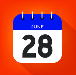June day 28. Number twenty-eight on a white paper with blue color border on a orange background vector.