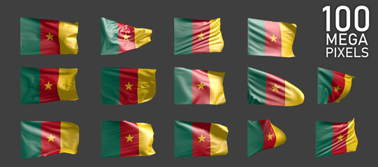 a lot of different realistic renders of Cameroon flag isolated on grey background - 3D illustration of object