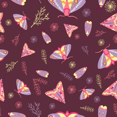 Bohemian and occult summer pattern with moths and night butterflies on a brown background. Repeat texture with cicadas and bugs. Tribal motifs with insects, dandelions, ferns and dandelions.