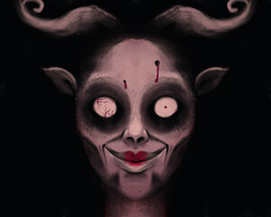 a porter of a scary, creepy monster with horns, pale skin and strange eyes. Satan or demon, mythical creature with a smile on his face on a dark background