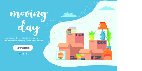 Moving to a new home landing page template with various carton boxes, lamp, plants, backpack. High quality illustration