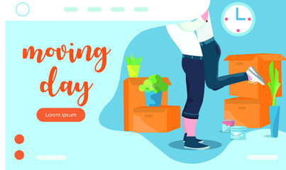 Happy couple moving to a new flat or house, landing page template with boxes, paint buckets and plants. High quality illustration