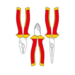 A set of hand tools. Pliers, pliers, and a side cutter. Flat line style design. An illustration isolated on a white background. Tools - pliers, pliers, side cutters.