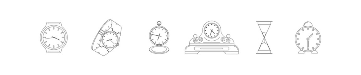 Set of vector icons of hand, hourglass, pocket and table clocks. Time icons.