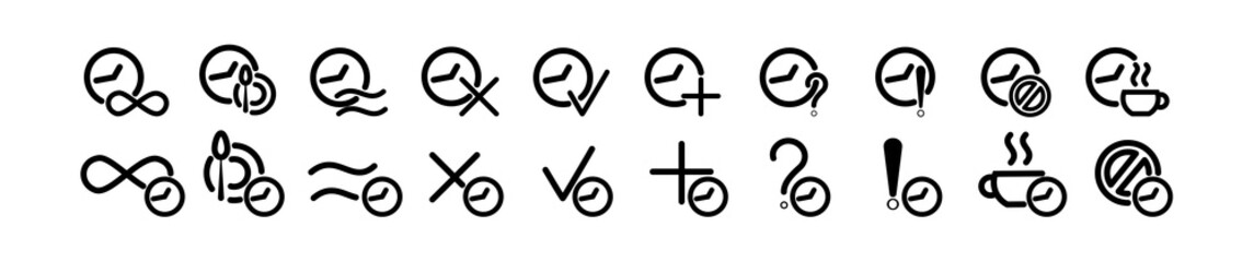 Different icons on the clock, check mark, cross, question and exclamation marks. Vector illustration showing the time with different symbols and signs.