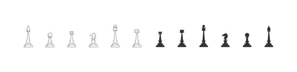 Set of black and white chess pieces. Vector chess icons on a white background. Collection of isolated icons, simple chess pieces.