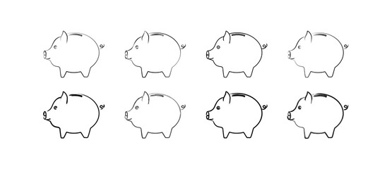 Vector illustration of piggy bank icons. A set of piggy banks in different lines. Collection of money pig icons.