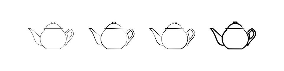 Teapots icons set. Vector illustration of teapots with a lid. Collection of isolated teapots drawn with black lines on a white background.