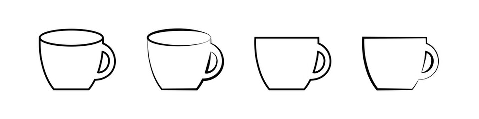 Simple lines cups icons set. Collection of vector illustrations of mugs on a white background. Drawings of cups for tea and coffee.