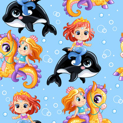 Seamless vector pattern cute mermaids riding on an orca and seahorse © alinart