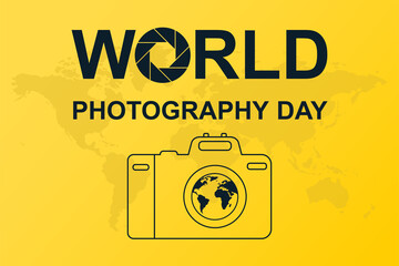 Poster with camera silhouette and world photography day lettering on yellow background