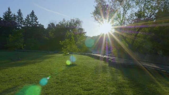 Early morning park along a river in Elora Ontario