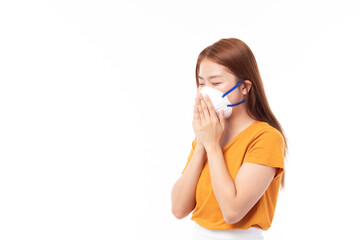 Young Asian woman wearing face mask, mask mouth protect filter pm2.5 anti pollution, anti smog and...