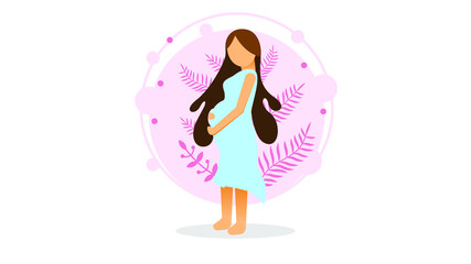 Abstract Flat Woman Pregnant Holds Her Belly Cartoon People Character Concept Illustration Vector Design Style With Leaves