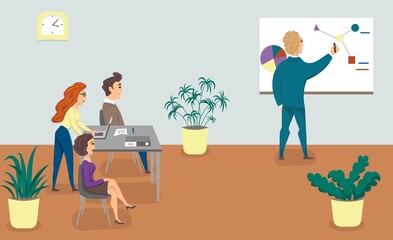 Business meeting, startup presentation on white board. Colleagues listening to boss, manager in company office. Financial, investment report, development strategy. Team work cartoon flat illustration.